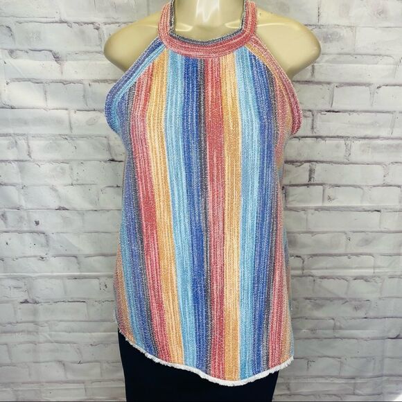 Anthropologie W5 Rainbow Stripe Fringe Tank Top size L - Picture 1 of 8